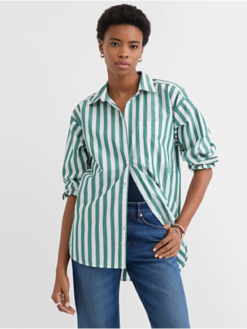 LOFT Striped Poplin Everyday Oversized Pocket Shirt Green White Size Medium - Picture 4 of 9